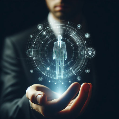 businessman holding virtual hologram of human body in hand on dark backgroundの素材
