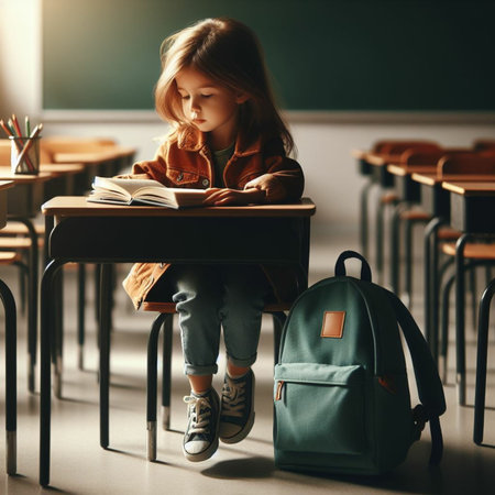 Cute little schoolgirl is sitting at a desk in a classroom.の素材