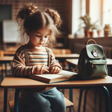 Cute little girl is sitting at a desk in a cafe and reading a book.の素材