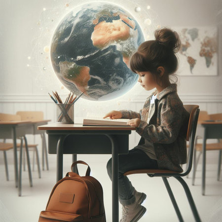 Cute little girl reading a book while sitting at the school desk. Back to school conceptの素材