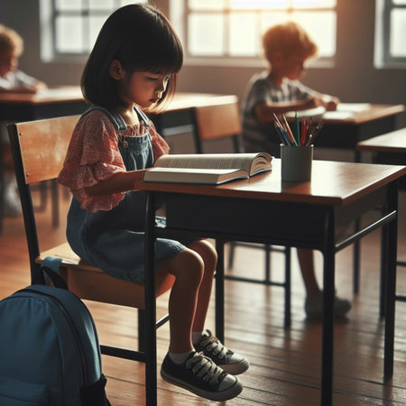 Little girl sitting at desk in classroom. Back to school concept.の素材