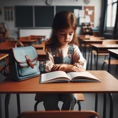 Cute little girl reading a book while sitting at the desk in the classroomの素材