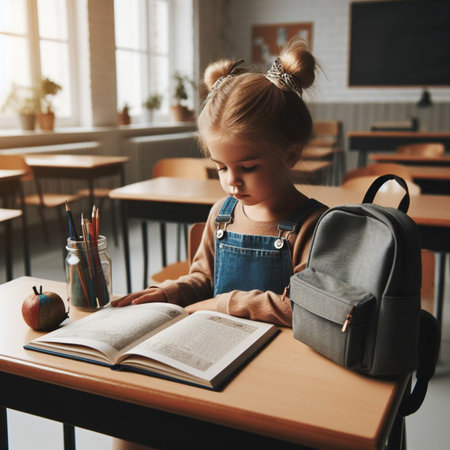 Little girl sitting at a desk in a classroom and reading a bookの素材
