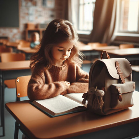 Cute little schoolgirl sitting at a desk in a classroom and reading a bookの素材