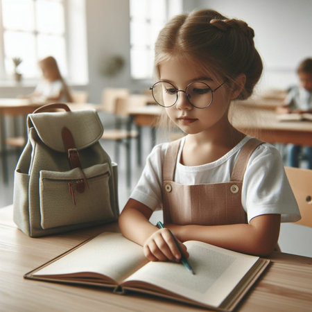 Cute little schoolgirl in eyeglasses writing in notebook while sitting at desk in classroomの素材