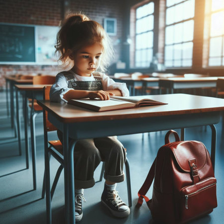 Little schoolgirl is sitting at the desk in the classroom with a backpack and books.の素材