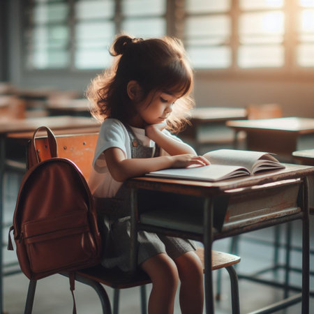 Cute little girl reading a book while sitting at the school deskの素材