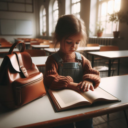 Little girl sitting at the table in the classroom and reading a bookの素材