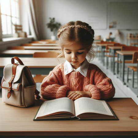 Cute little girl sitting in a classroom and reading a book.の素材