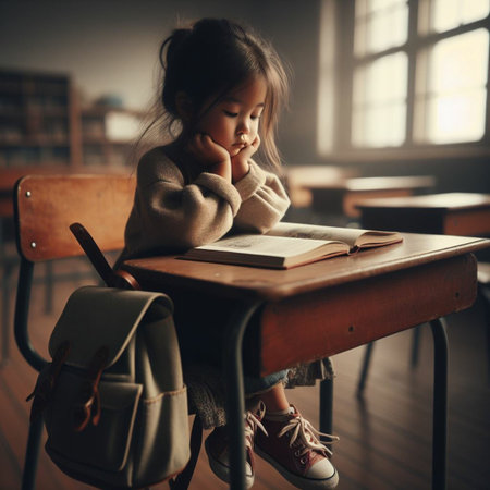 Little girl reading a book while sitting at a school desk in the libraryの素材