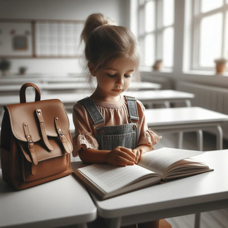 Cute little girl reading a book while sitting at the table in the classroomの素材