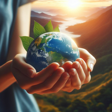 Hands holding Earth globe with nature background. save the earth conceptの素材