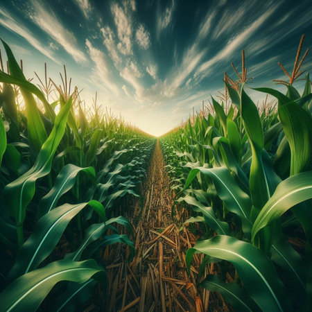 Corn field at sunset. 3d rendering, 3d illustration.の素材