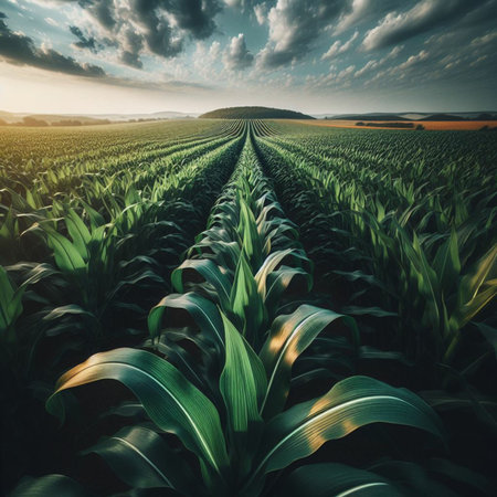 Agricultural field of young green corn at sunset. Agricultural landscapeの素材