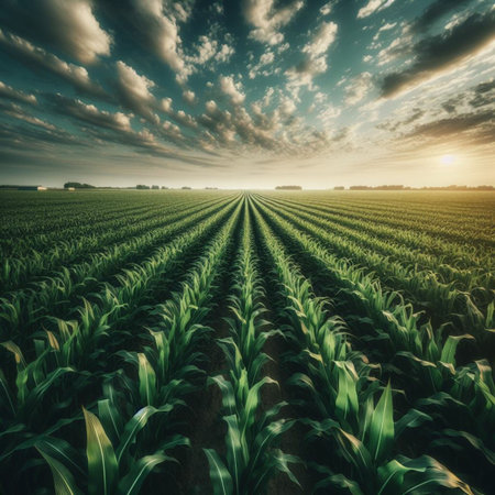 Agricultural landscape with corn field at sunset. 3d renderingの素材