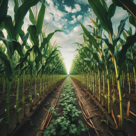 Corn field at sunset, 3d rendering. Computer digital drawing.の素材