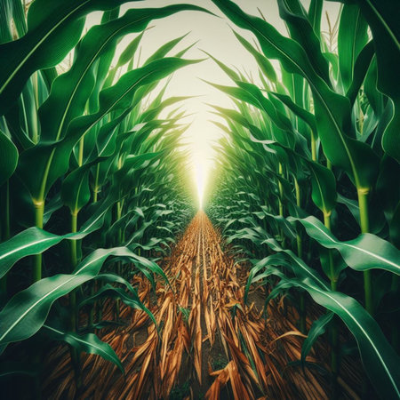 Corn field in the morning light. 3D illustration. Vintage style.の素材