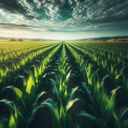 Agricultural landscape with green corn field at sunset. nature backgroundの素材