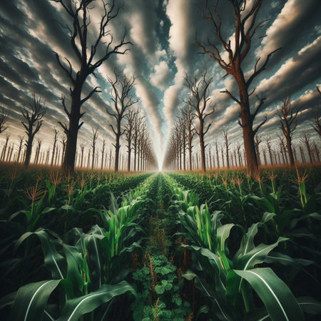 3D render of a corn field with a dark stormy skyの素材
