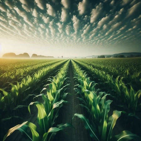 Field of young corn. Agricultural landscape. Blue sky with clouds.の素材