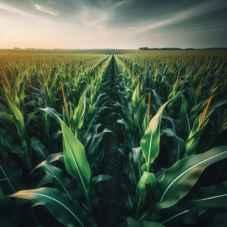 Agricultural field of corn at sunset, 3D rendering.の素材