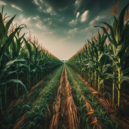 3D render of a corn field with blue sky and clouds in the backgroundの素材