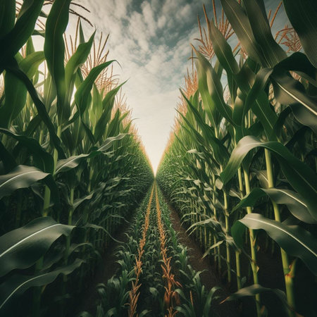 Corn field with blue sky background. Vintage style. 3d renderingの素材