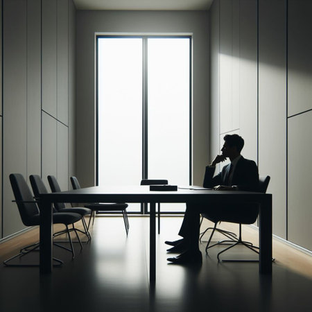 Businessman sitting at a table in an office. 3d renderingの素材