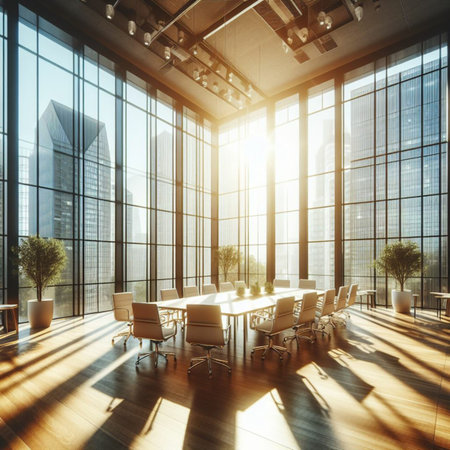 Contemporary conference room interior with city view and daylight. 3D Renderingの素材