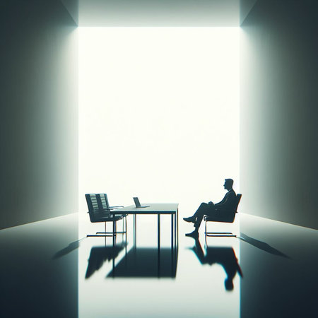 Businessman sitting in front of open door, 3d render illustrationの素材
