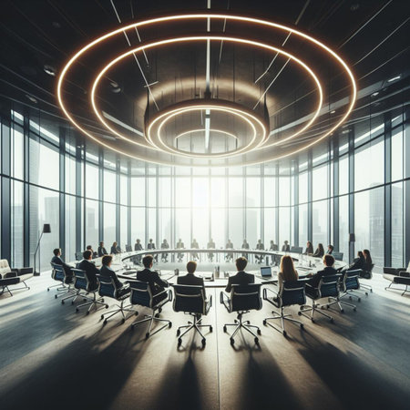 Business people in conference hall with glowing lights. Meeting concept. 3D Renderingの素材