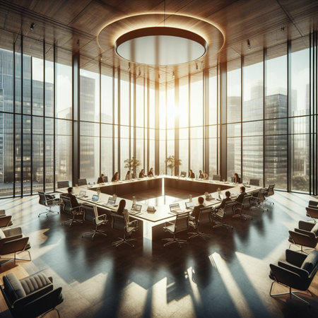 Interior of modern conference room with panoramic city view and daylight. Presentation concept. 3D Renderingの素材