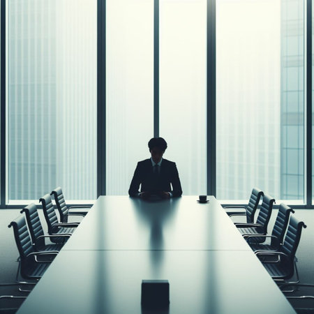 Silhouette of businessman sitting at the table in conference room.の素材