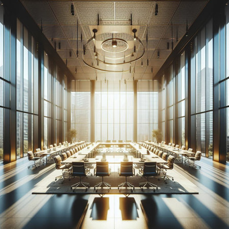 Luxury conference room interior with glass walls, concrete floor, long conference table with black chairs and panoramic windows. 3D Renderingの素材