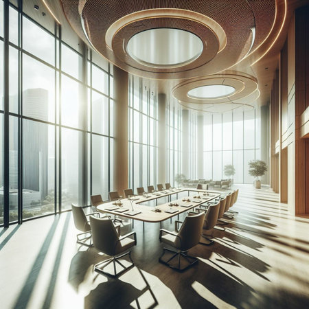Interior of modern meeting room with city view, daylight and sunlight. 3D Renderingの素材
