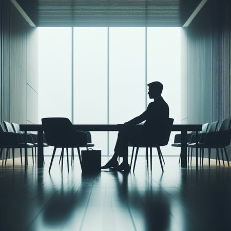 Silhouette of a businessman sitting in a conference room. 3d renderingの素材