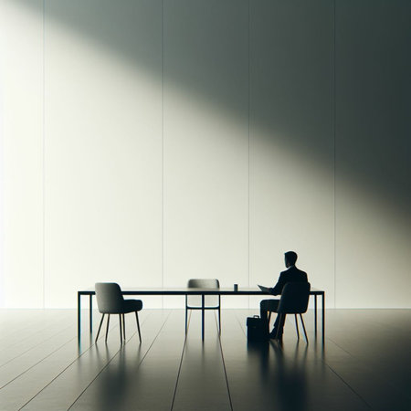 Businessman sitting at the table in modern office. 3d renderingの素材