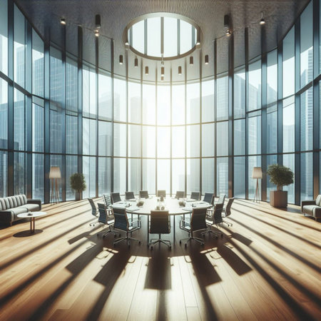 Luxury conference room interior with panoramic city view and daylight. 3D Renderingの素材