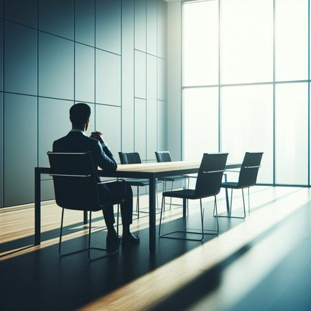 Businessman sitting in modern conference room interior with white walls, wooden floor and rows of black chairs. Toned image double exposureの素材
