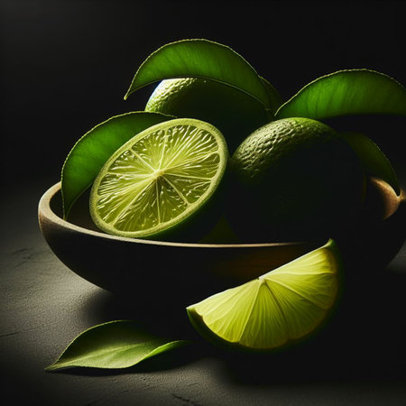 Limes with leaves in a wooden bowl on a black background.の素材