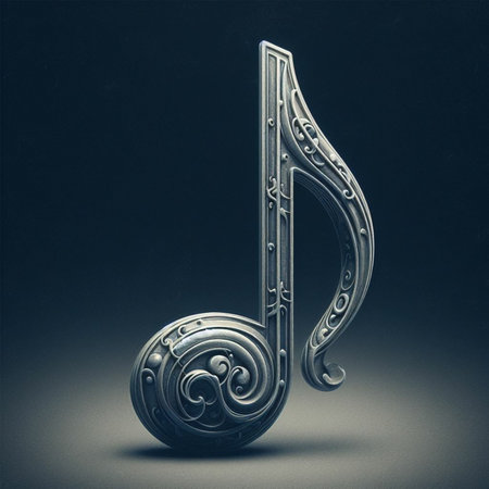 Music note on dark background. 3D rendering. Vintage style.の素材