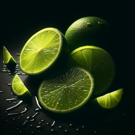 Slices of lime on a black background with water drops.の素材
