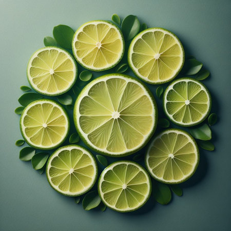 Lime slices on green background. Flat lay, top view.の素材