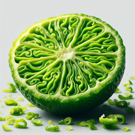Kaffir lime cut in half on a white background with water dropsの素材