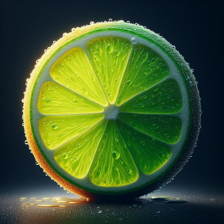 Half of lime with water drops on dark background. 3d illustrationの素材