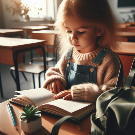Cute little schoolgirl sitting at desk in classroom and reading bookの素材
