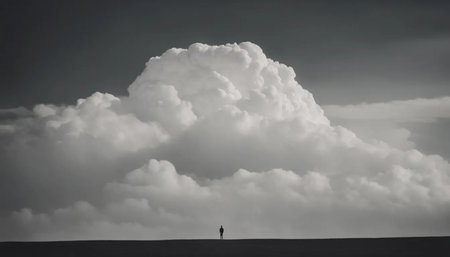 A lonely man standing in the middle of a desert under a cloudy skyの素材
