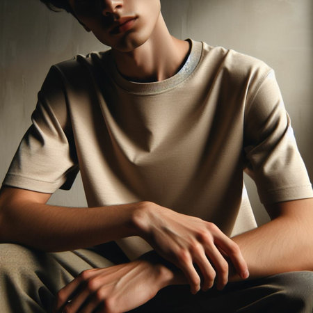 Young man in a beige t-shirt sits on a gray backgroundの素材