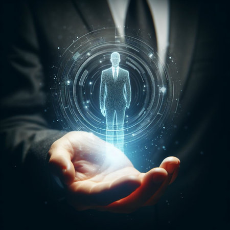 Businessman holding hologram human figure in his hand. 3D renderingの素材