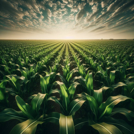 Green corn field at sunset. Agricultural landscape. 3D illustration.の素材